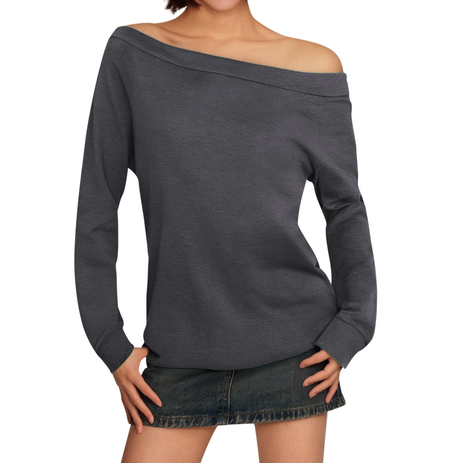 Blusa de manga larga con hombros descubiertos para mujer - Camiseta informal de verano de color liso